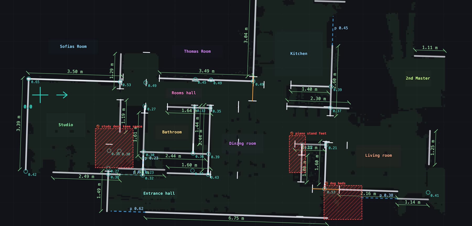 Floor plan generated by Viking with room names and wall dimensions in meters